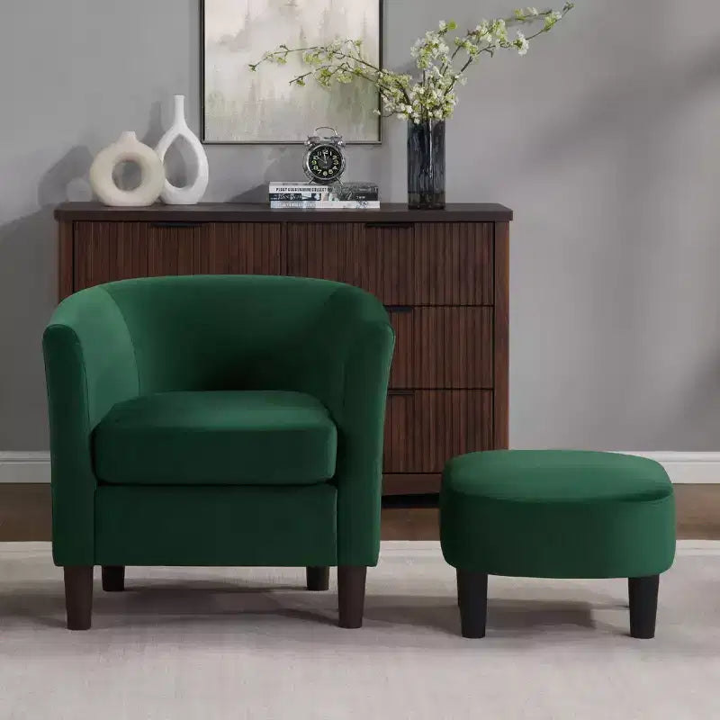 Fauteuil en velours avec pouf, fauteuil barillet moderne pour salon, chambre à coucher