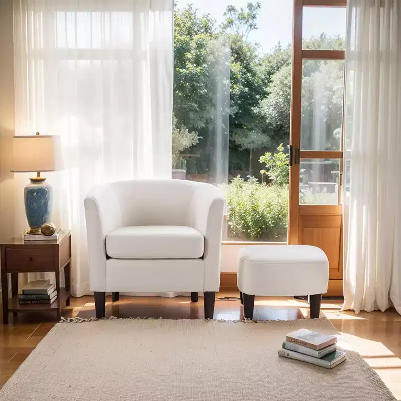 Fauteuil en velours avec pouf, fauteuil barillet moderne pour salon, chambre à coucher