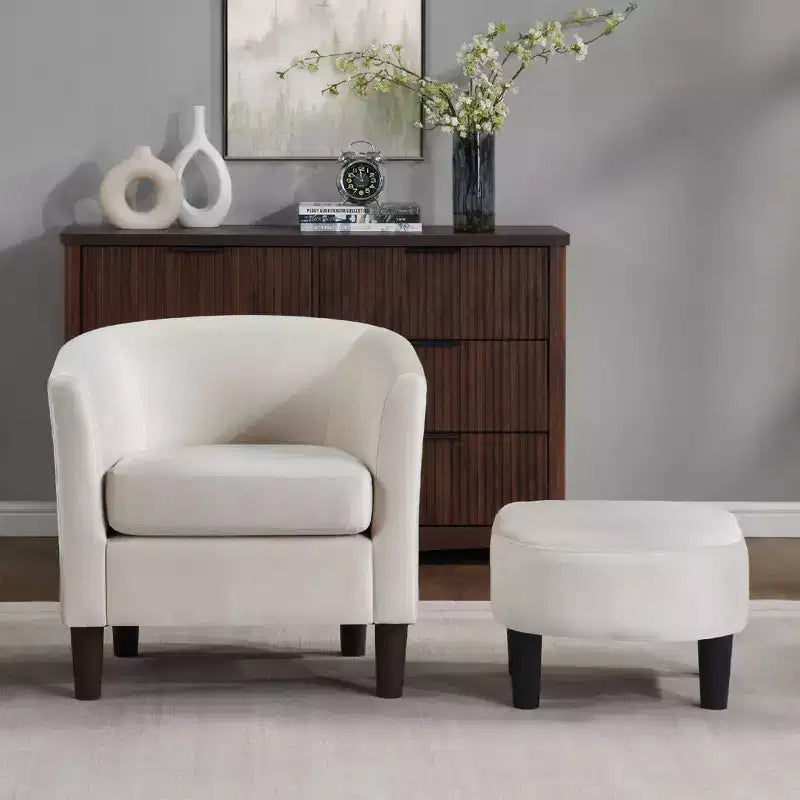 Fauteuil en velours avec pouf, fauteuil barillet moderne pour salon, chambre à coucher