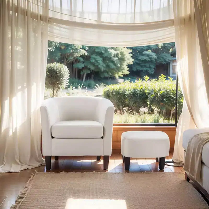 Fauteuil en velours avec pouf, fauteuil barillet moderne pour salon, chambre à coucher