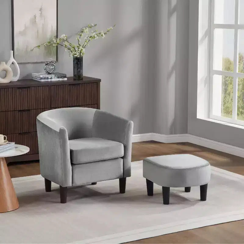 Fauteuil en velours avec pouf, fauteuil barillet moderne pour salon, chambre à coucher