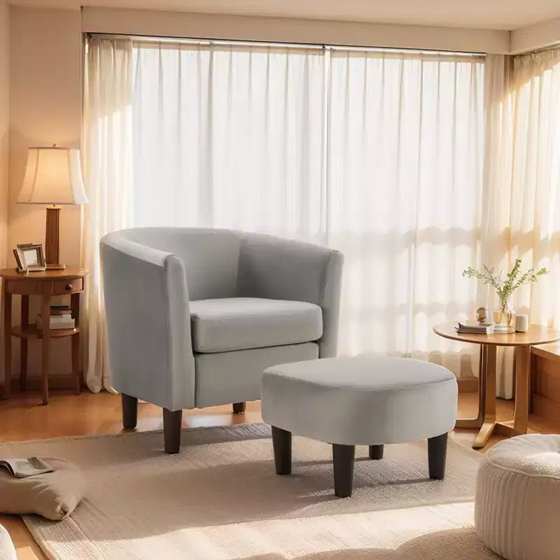 Fauteuil en velours avec pouf, fauteuil barillet moderne pour salon, chambre à coucher