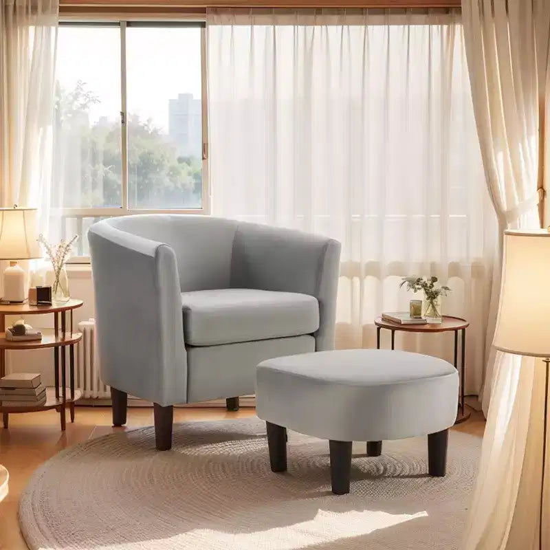 Fauteuil en velours avec pouf, fauteuil barillet moderne pour salon, chambre à coucher