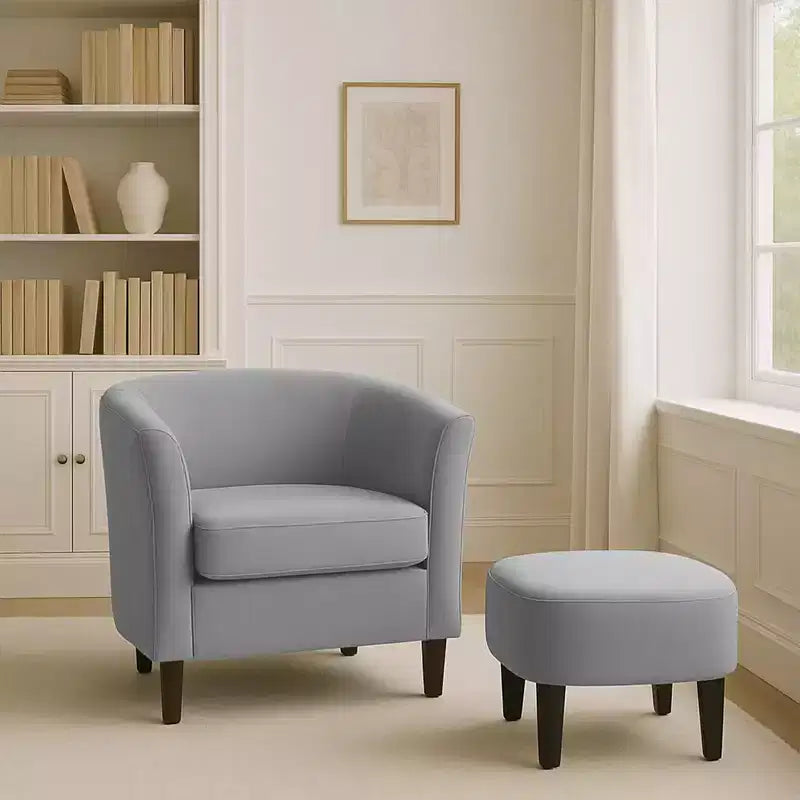 Fauteuil en velours avec pouf, fauteuil barillet moderne pour salon, chambre à coucher