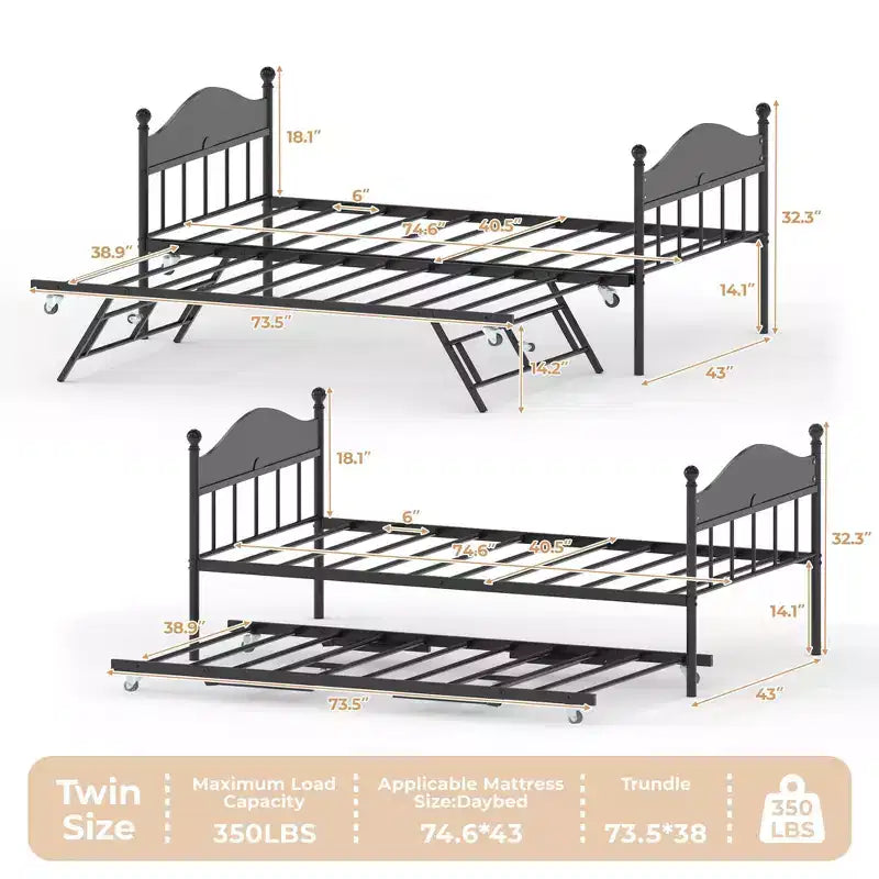 Lit de repos double, Cadre de canapé-lit en métal robuste avec têtes de lit, Support à lattes en acier