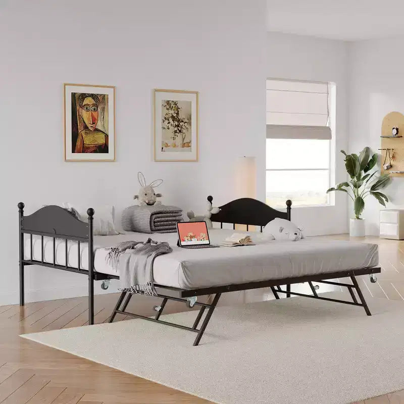 Lit de repos double, Cadre de canapé-lit en métal robuste avec têtes de lit, Support à lattes en acier