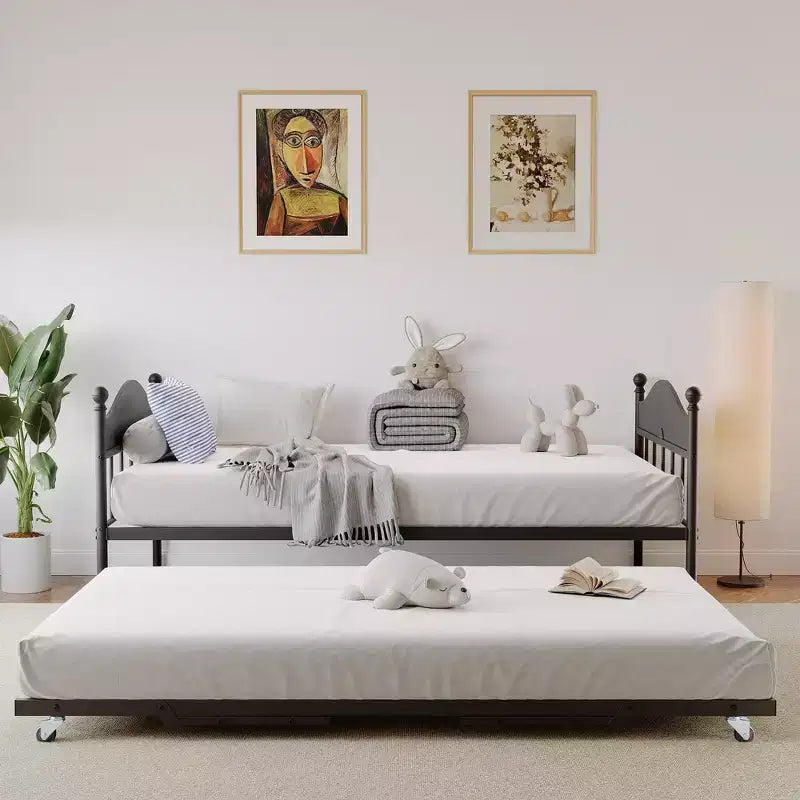 Lit de repos double, Cadre de canapé-lit en métal robuste avec têtes de lit, Support à lattes en acier