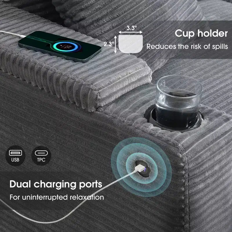 Canapé d'angle modulable en velours côtelé 5 places convertible 106 W avec chargeur USB, porte-gobelets et accoudoir de rangement