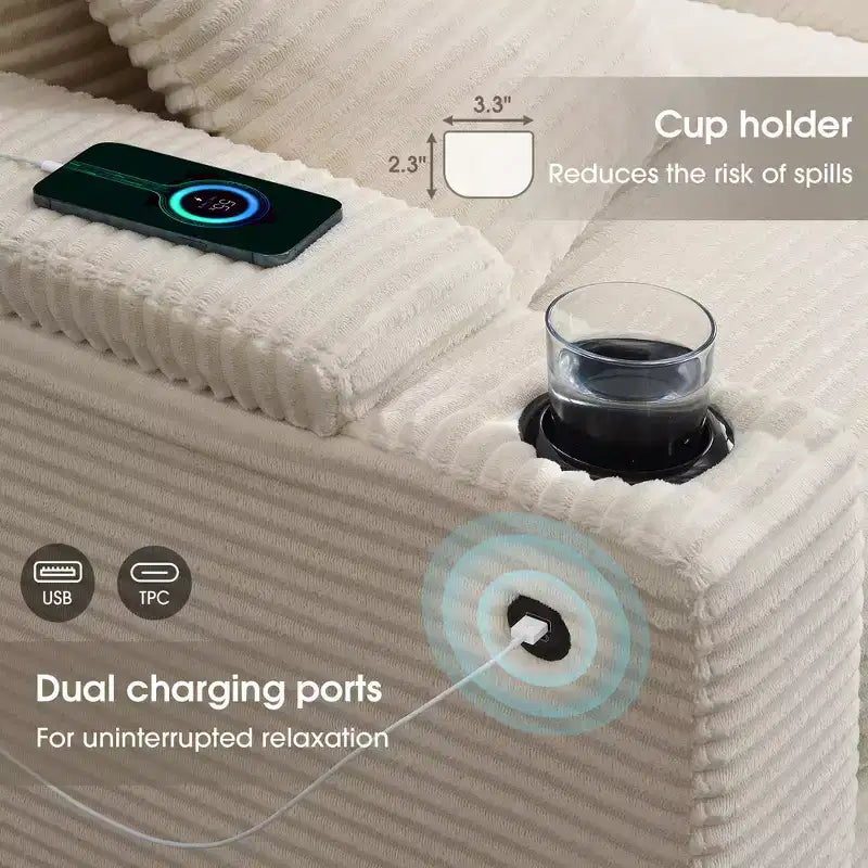 Canapé d'angle modulable en velours côtelé 5 places convertible 106 W avec chargeur USB, porte-gobelets et accoudoir de rangement