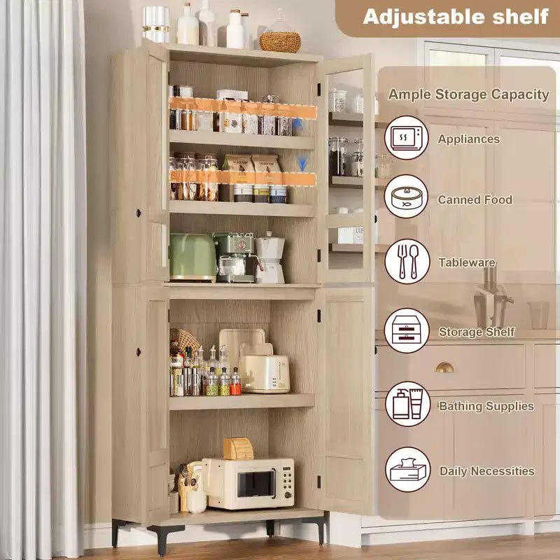 Meuble de rangement haut GustoWave de 180 cm, Armoire de cuisine/garde-manger 5 niveaux avec 4 portes et étagères réglables pour cuisine, salle à manger, salle de bain