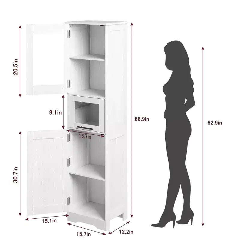 Élément de rangement haut et étroit de 170 cm avec portes vitrées et étagère réglable, armoire autoportante étroite