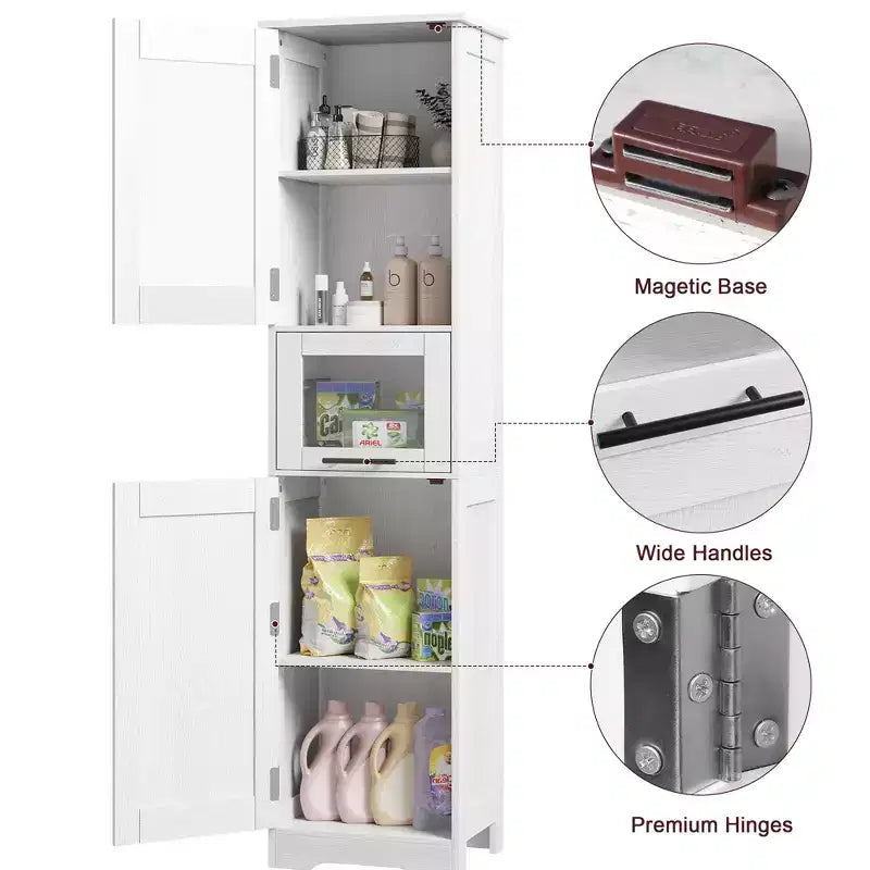 Élément de rangement haut et étroit de 170 cm avec portes vitrées et étagère réglable, armoire autoportante étroite