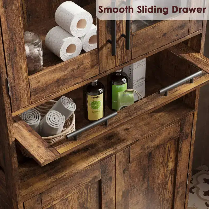Élément de rangement haut et étroit de 170 cm avec portes vitrées et étagère réglable, armoire autoportante étroite
