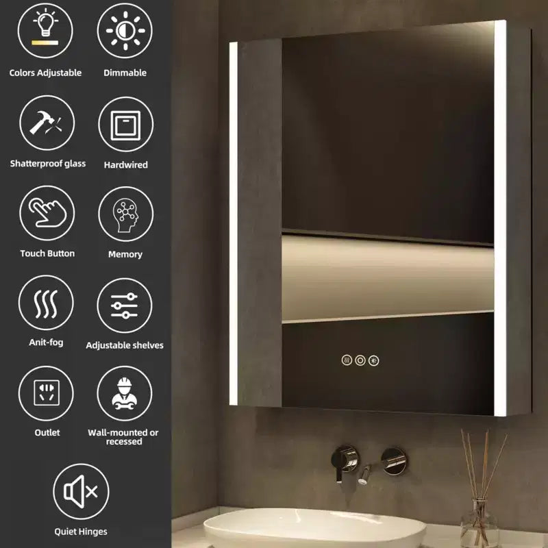 Armoire à pharmacie LED avec miroir, montage en surface ou encastré, lumière dimmable 3 couleurs, anti-buée, USB et prise de courant