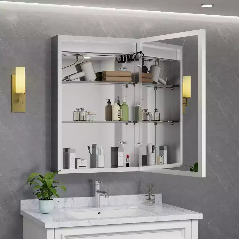 Armoire à pharmacie LED avec miroir, montage en surface ou encastré, lumière dimmable 3 couleurs, anti-buée, USB et prise de courant