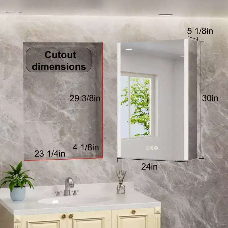 Armoire à pharmacie LED avec miroir, montage en surface ou encastré, lumière dimmable 3 couleurs, anti-buée, USB et prise de courant