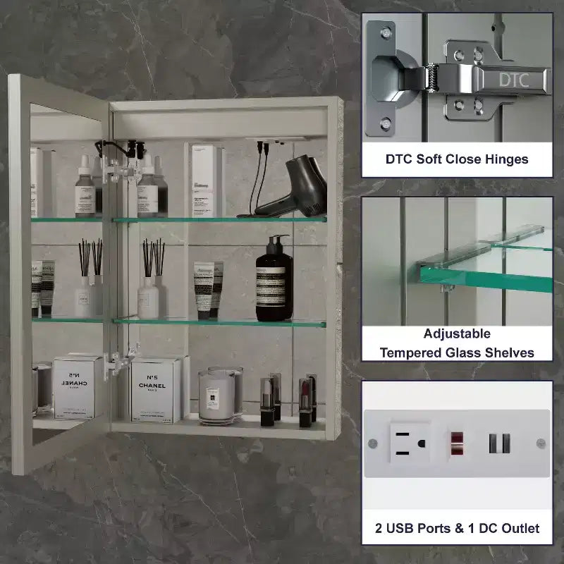 Armoire à pharmacie LED avec miroir, montage en surface ou encastré, lumière dimmable 3 couleurs, anti-buée, USB et prise de courant