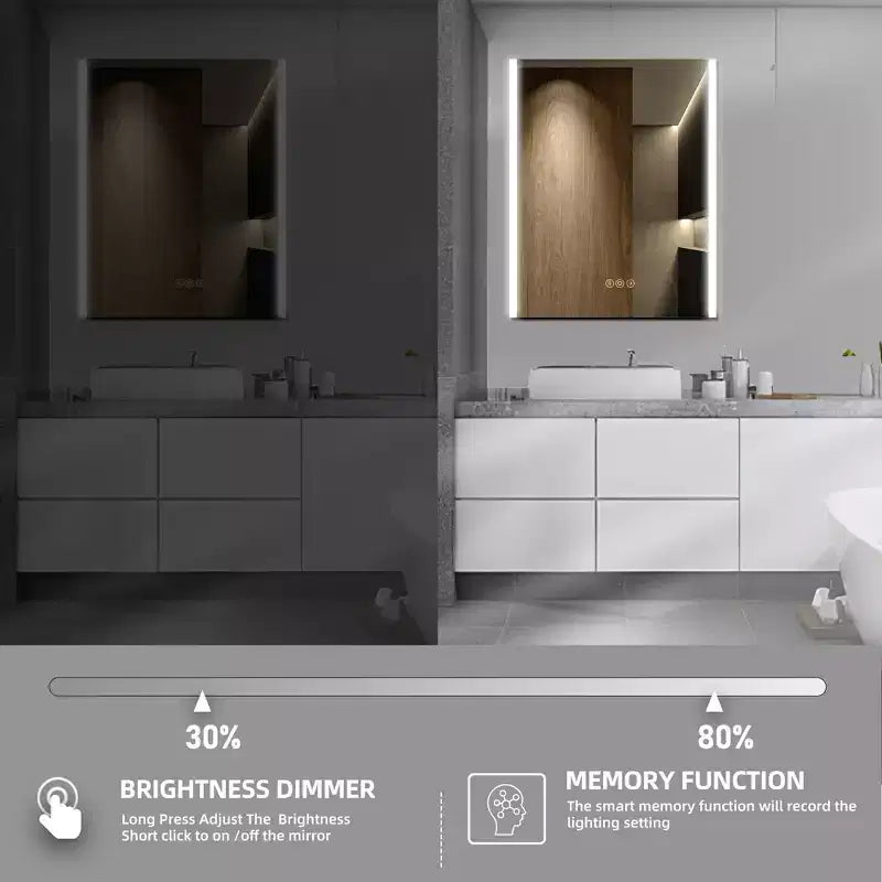 Armoire à pharmacie LED avec miroir, montage en surface ou encastré, lumière dimmable 3 couleurs, anti-buée, USB et prise de courant