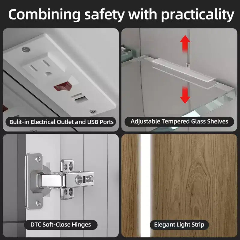 Armoire à pharmacie LED avec miroir, montage en surface ou encastré, lumière dimmable 3 couleurs, anti-buée, USB et prise de courant