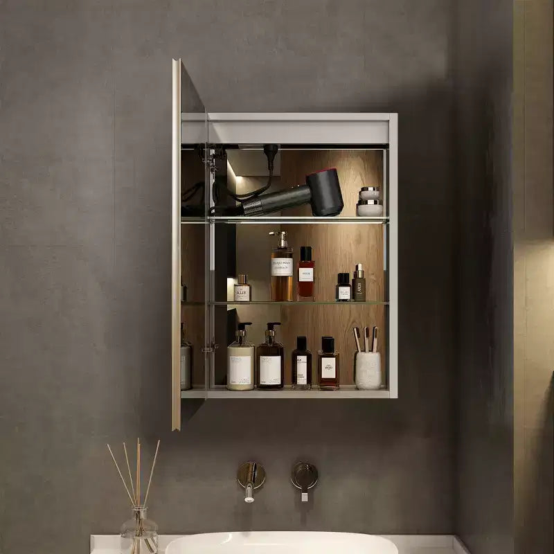 Armoire à pharmacie LED avec miroir, montage en surface ou encastré, lumière dimmable 3 couleurs, anti-buée, USB et prise de courant