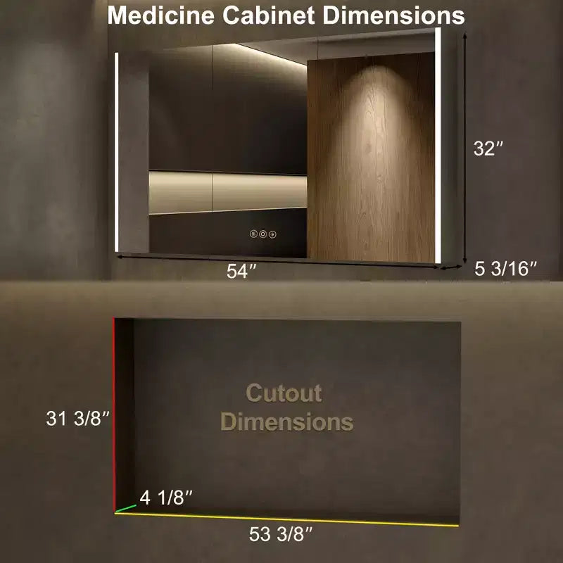 Armoire à pharmacie LED avec miroir, montage en surface ou encastré, lumière dimmable 3 couleurs, anti-buée, USB et prise de courant