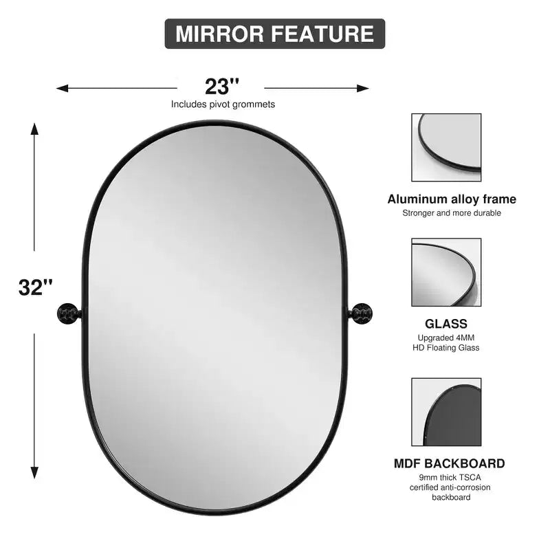 Miroir mural à cadre suspendu en fer noir de 31 po H x 24 po L, quincaillerie de piste