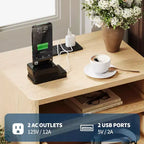 Table de chevet cannelée moderne, Table de nuit en bois avec ports USB et prises, 2 tiroirs et étagère ouverte, Table d'appoint décorative