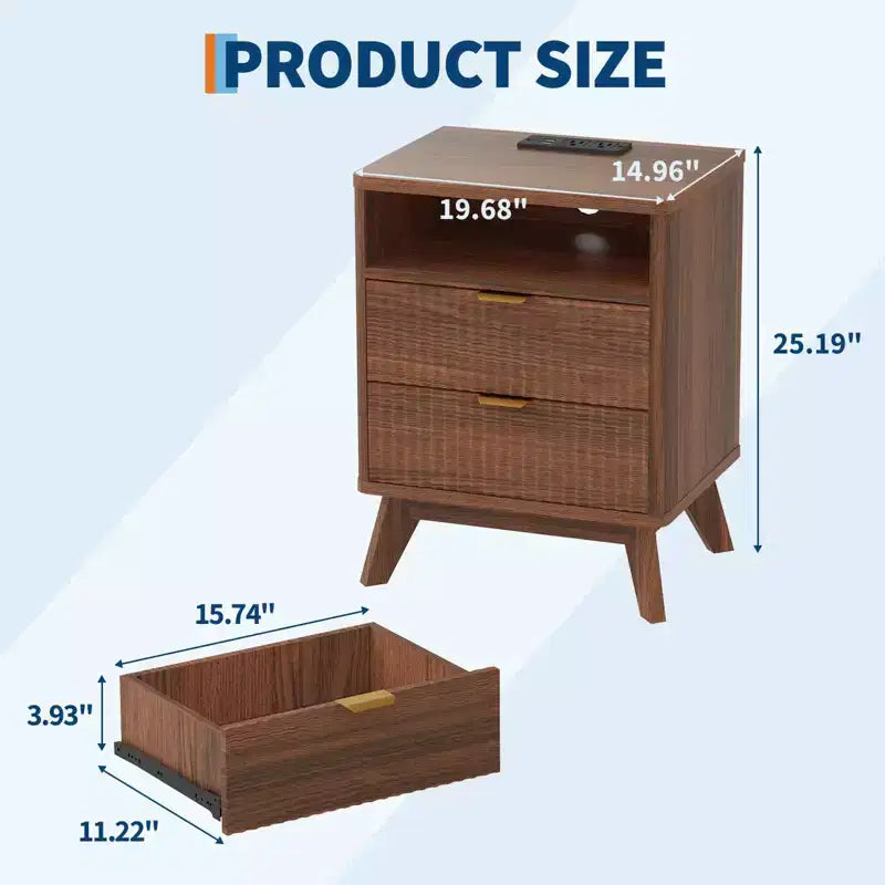 Table de chevet cannelée moderne, Table de nuit en bois avec ports USB et prises, 2 tiroirs et étagère ouverte, Table d'appoint décorative