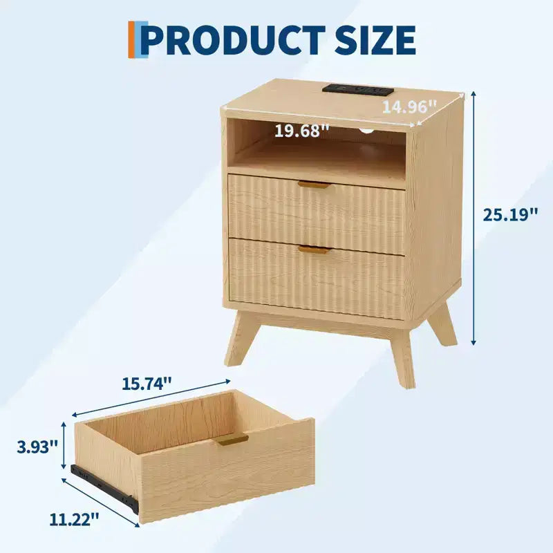 Table de chevet cannelée moderne, Table de nuit en bois avec ports USB et prises, 2 tiroirs et étagère ouverte, Table d'appoint décorative