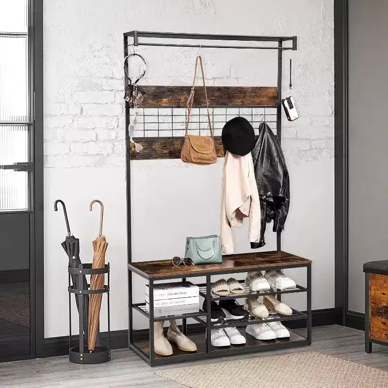 Porte-manteau d'entrée moderne de 39,9 po avec étagères de rangement et cadre robuste, porte-manteau autoportant pour salon/chambre/entrée