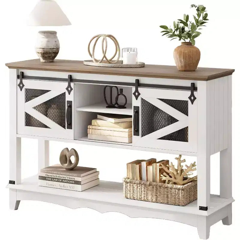 Console de ferme rustique avec portes coulissantes, Meuble de rangement, Table d'entrée, Table de canapé pour Salon, Couloir, Meuble rustique moderne
