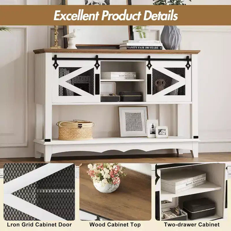 Console de ferme rustique avec portes coulissantes, Meuble de rangement, Table d'entrée, Table de canapé pour Salon, Couloir, Meuble rustique moderne