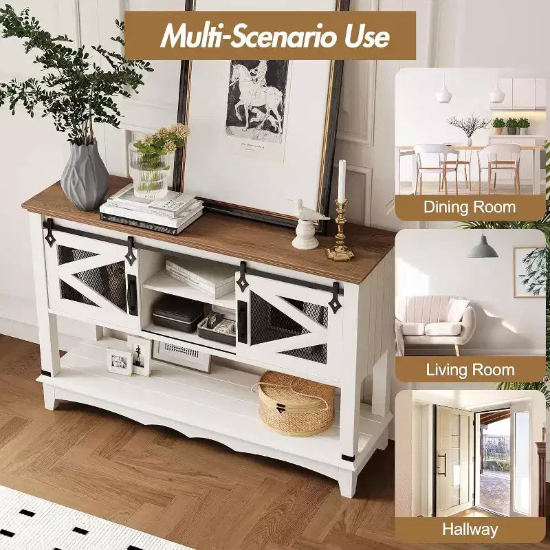 Console de ferme rustique avec portes coulissantes, Meuble de rangement, Table d'entrée, Table de canapé pour Salon, Couloir, Meuble rustique moderne