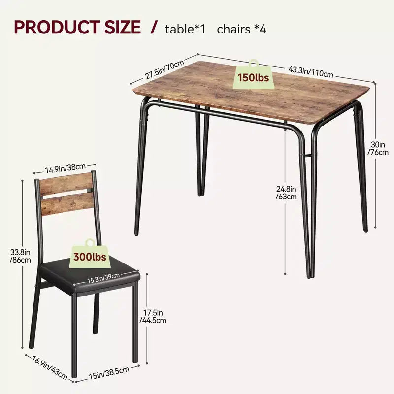 Ensemble de table à manger pour 4 personnes avec plateau rectangulaire en bois et chaises rembourrées, service de 5 pièces pour cuisine et salle à manger pour petits espaces, appartement