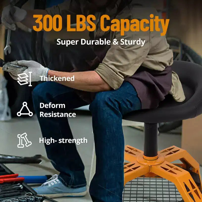 Tabouret de garage roulant, Siège d'atelier rembourré, Capacité de 136 kg, Hauteur réglable, Roues pivotantes à 360°, Étagère de rangement pratique