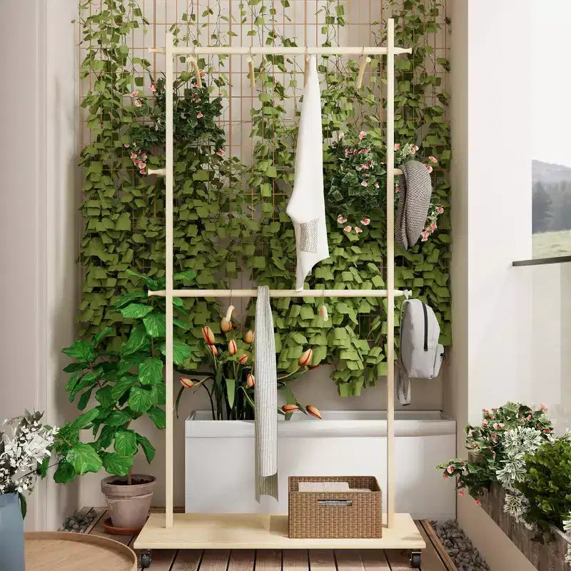 Portant à vêtements en bois, porte-vêtements autoportant à roulettes, armoire de rangement mobile, organisateur de rangement de vêtements pour chambre à coucher