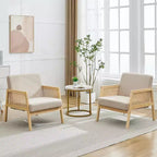 2 Fauteuils d'appoint modernes du milieu du siècle, Chaises confortables avec pieds en bois robustes, dossier en rotin et coussin épais en lin beige, pour chambre à coucher, balcon