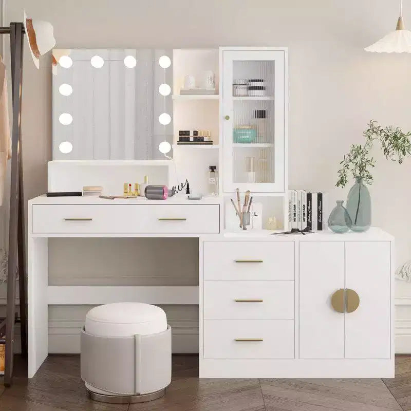 Coiffeuse de maquillage avec lumières, prise USB et de courant et armoire à tiroirs