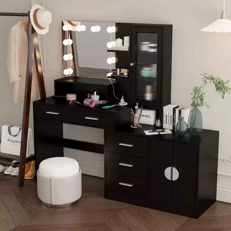 Coiffeuse de maquillage avec lumières, prise USB et de courant et armoire à tiroirs