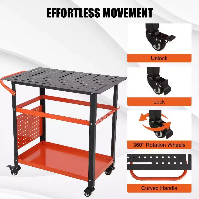 Table de soudure roulante portative Acekool 36x24 avec plateau en acier, panneau perforé, trous de 5/8 po, fentes à outils, étagère de rangement, capacité de 544 kg, orange
