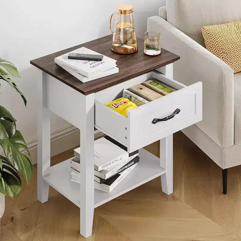 GustoWave Tables de chevet, Table d'appoint avec tiroir, Table d'appoint pour petits espaces, 2 étagères de rangement avec commode, Table de chevet