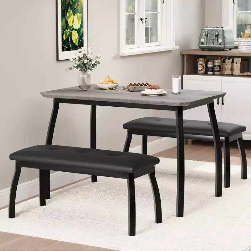 Ensemble table de salle à manger 4 places, table de cuisine à cadre métallique avec 2 bancs rembourrés, ensemble de 3 meubles de salle à manger pour appartement, studio, maison