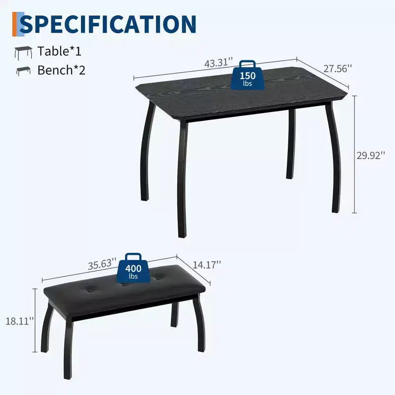 Ensemble table de salle à manger 4 places, table de cuisine à cadre métallique avec 2 bancs rembourrés, ensemble de 3 meubles de salle à manger pour appartement, studio, maison