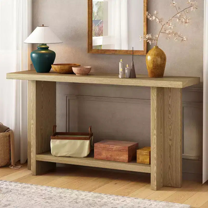 Console Whisen d'inspiration vintage avec placage en bois de frêne et piétement en T