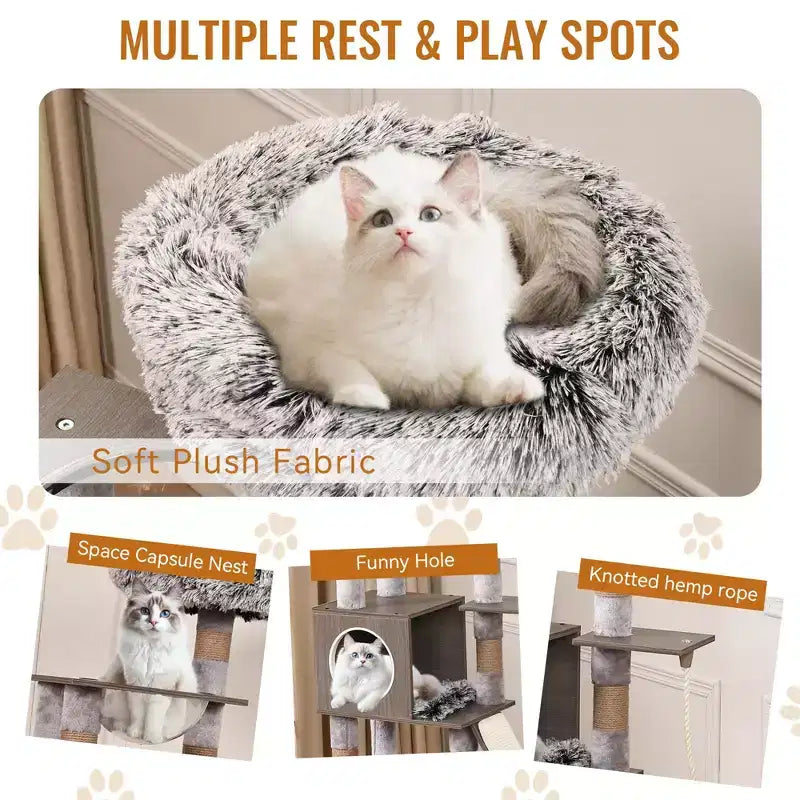Meuble Cache Litière avec Arbre à Chat, Tour à Chat 2-en-1, Condo de 170 cm de Haut avec Poteaux à Griffer