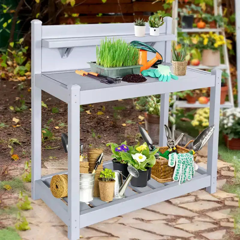 EAGLE PEAK Établi de jardinage en vinyle sans entretien pour l'extérieur et l'intérieur, table de rempotage étanche avec étagère ouverte, rangement inférieur, gris