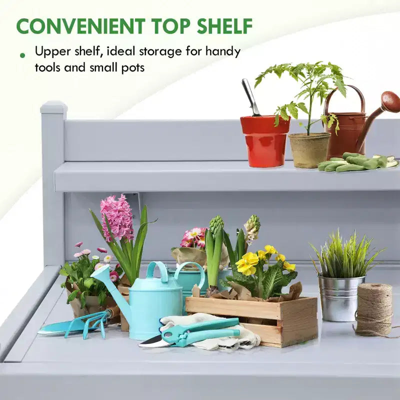 EAGLE PEAK Établi de jardinage en vinyle sans entretien pour l'extérieur et l'intérieur, table de rempotage étanche avec étagère ouverte, rangement inférieur, gris