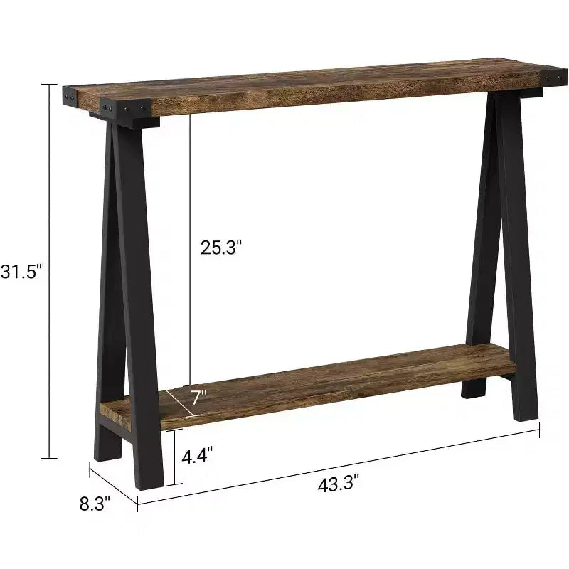 Table de console étroite de ferme, table de console de 43,3 pouces avec rangement, table de canapé à 2 niveaux avec cadre en métal et MDF, table de console étroite pour la maison