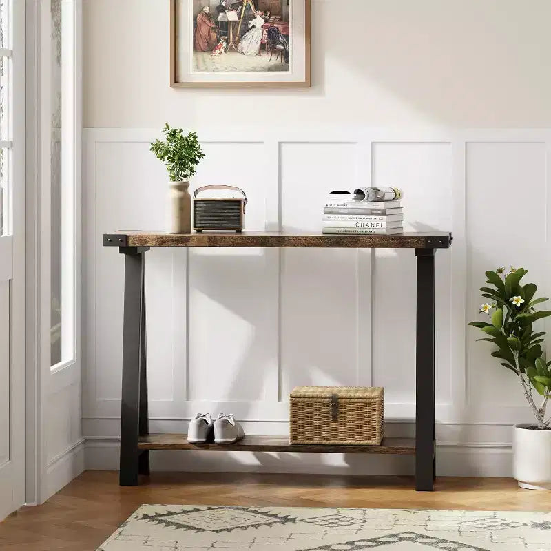 Table de console étroite de ferme, table de console de 43,3 pouces avec rangement, table de canapé à 2 niveaux avec cadre en métal et MDF, table de console étroite pour la maison