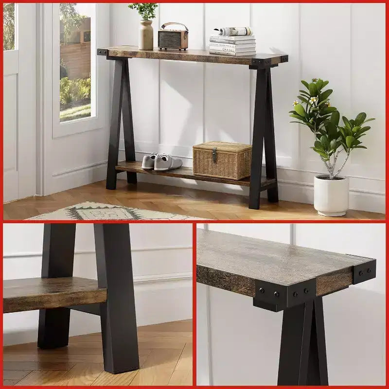 Table de console étroite de ferme, table de console de 43,3 pouces avec rangement, table de canapé à 2 niveaux avec cadre en métal et MDF, table de console étroite pour la maison